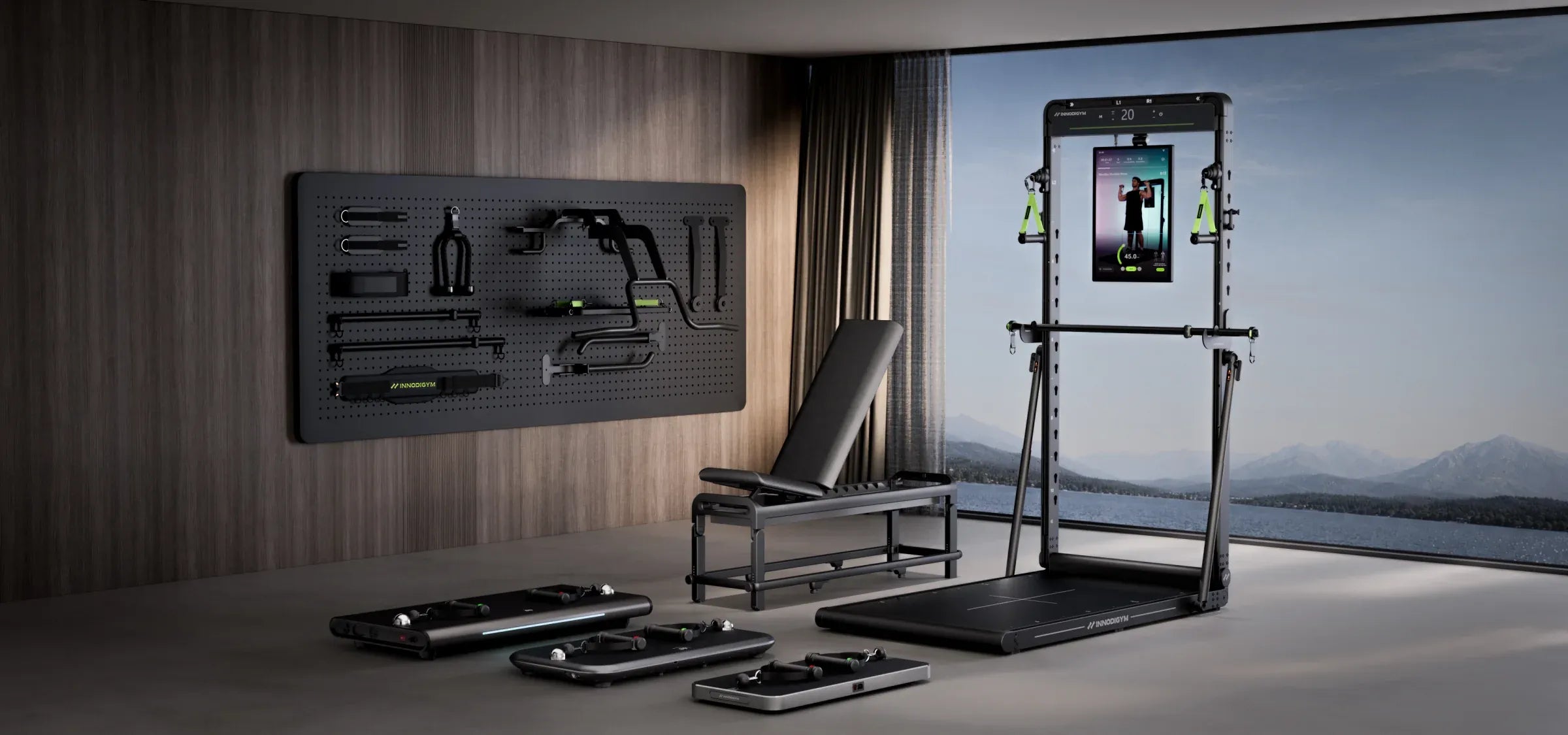 INNODIGYM training ecosystem with OMNI X1, P Series, bench and accessories